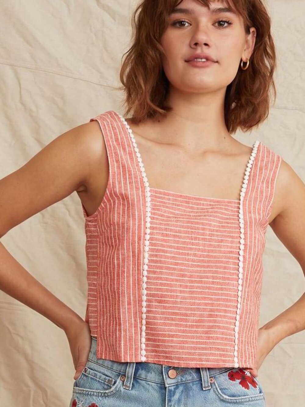 Marine Layer Stella Linen Tank Poppy Red & White Stripe Pom Trim - Medium
